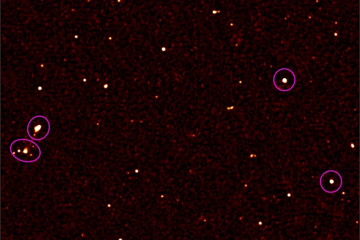 In this zoomed-in section of the image, the circled objects represent those which were known about prior to MeerKAT – the rest are new