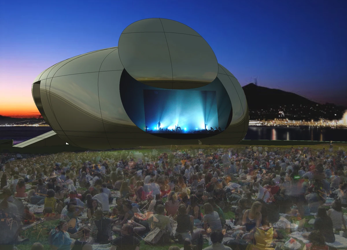 The rear facade opens upwards for amphitheater stage events (image by Lacoste Stevenson)