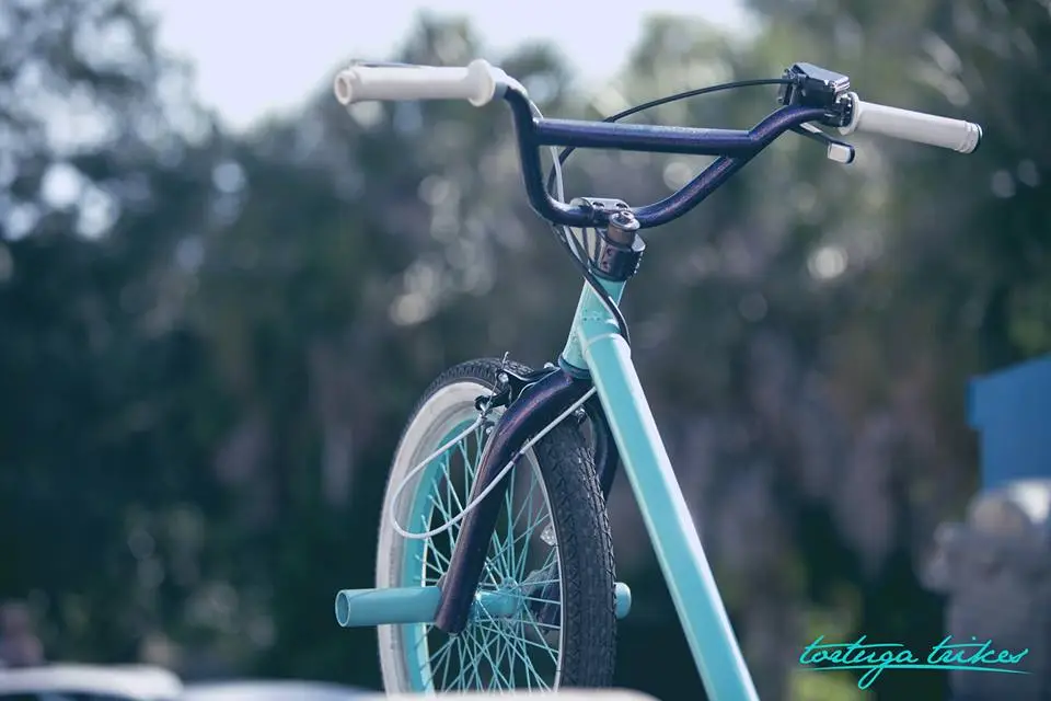 Tortuga is offering its gas-powered trike powder-coated in 10 colors: sea foam green, shocker yellow, tangerine with gold flake, white, black (gloss or matte), red, silver, green, bright coral and purple