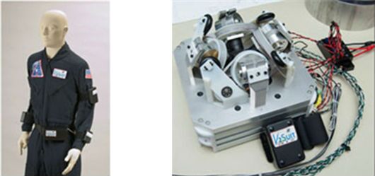 Left – V2Suit modules attached to a constant wear garment Right – V2Suit gyroscope/sensor module (Photo: Draper Laboratory)