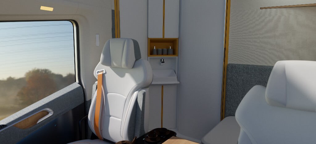 The cabin is home to a single-bunk sleeping area, and a shower/toilet cubicle, shown here open but there is a wrap-around privacy screen