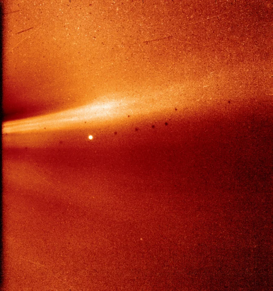 Snapped by the Parker Solar Probe on November 8, this image is the first to be taken from within the Sun’s atmosphere. It shows a coronal streamer blasting off the surface, with Mercury (the bright spot) in the background