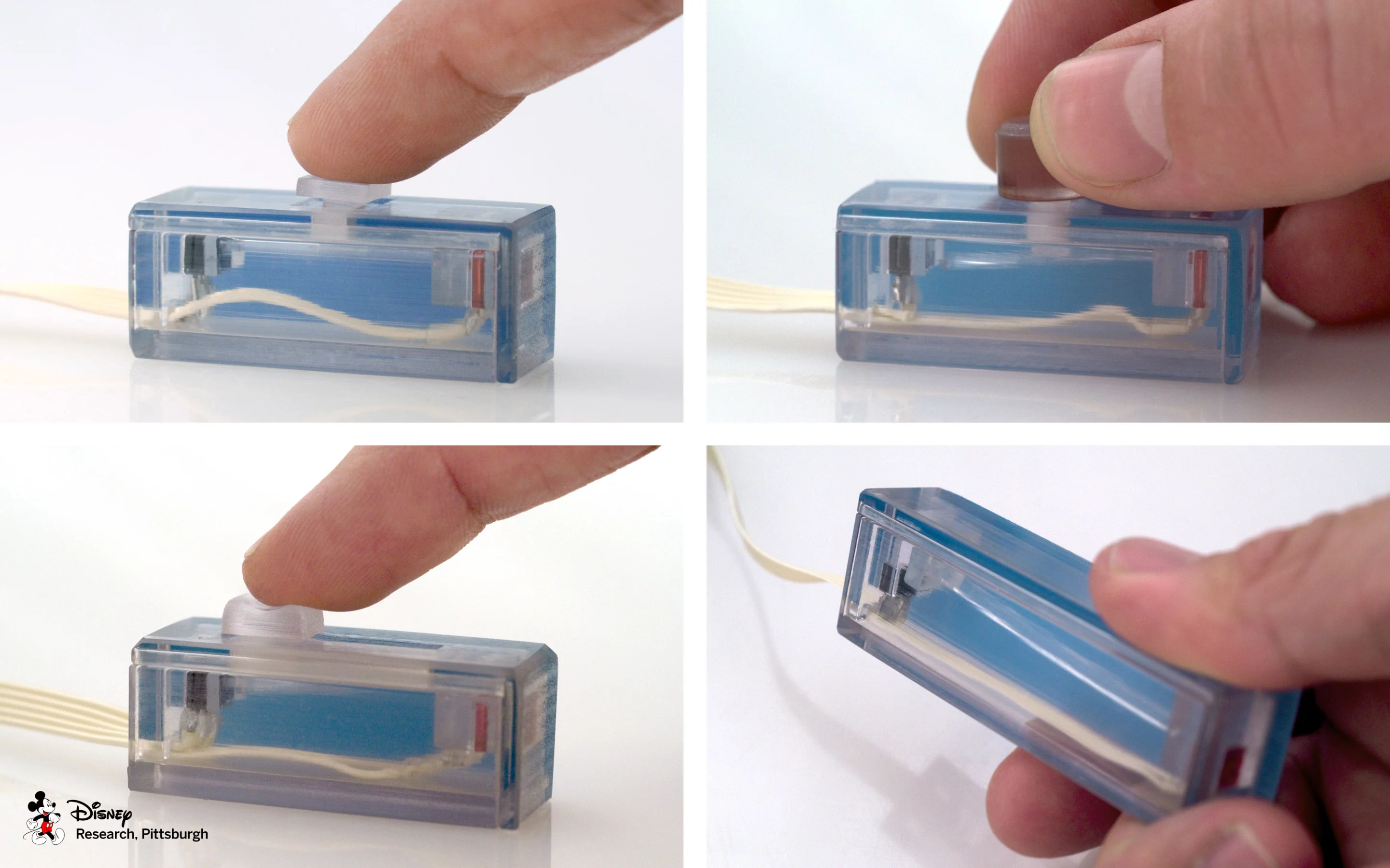 Interface elements such as buttons, dials, sliders, and accelerometers can be 3D printed