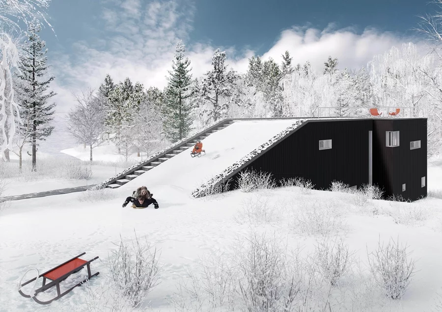 As well as acting as a sledding hill when it snows, the Pulkabacken House ramp leads up to a party deck