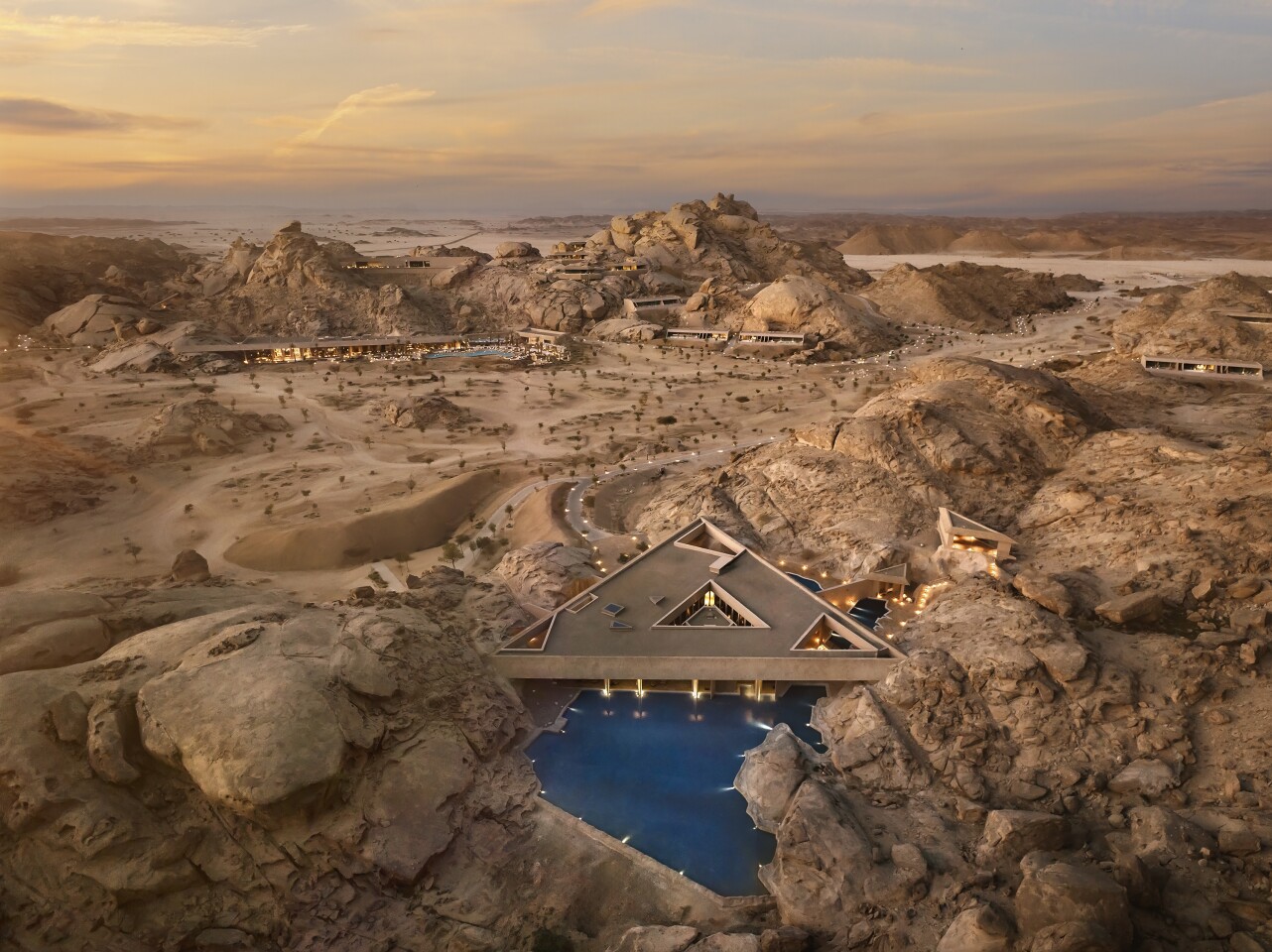 Desert Rock, by Oppenheim Architecture, is a luxury retreat that's carved into the Hejaz Mountains in Saudi Arabia as part of the Red Sea giga-project