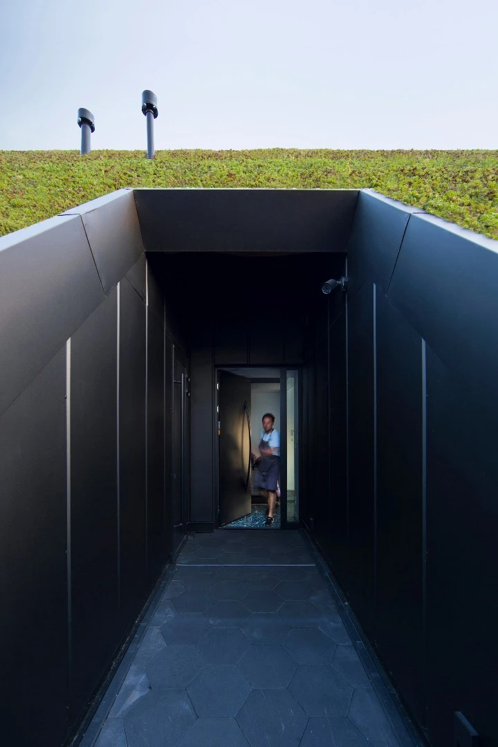 The idea is that by hiding the north-facing part of the house behind the roof (and adding no windows), its interior won't be visible