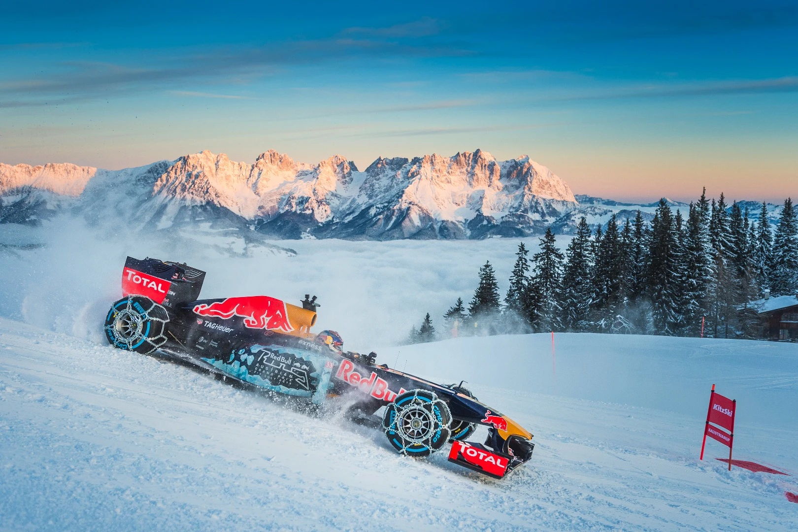The RB7 doesn't exactly look comfortable in the Alpine surroundings, but it does look pretty cool