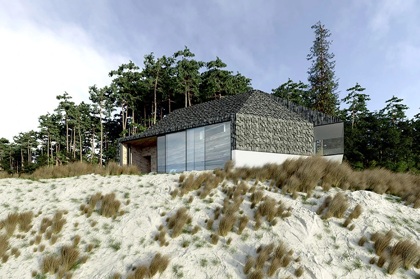 The facade is made of structural plaster and raw wooden tiles, which is an extension of the roof
