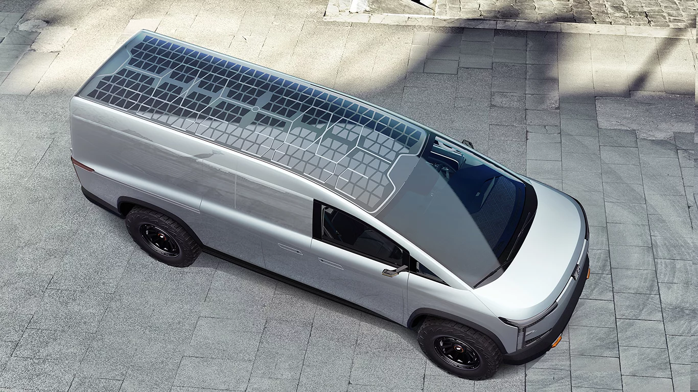 An available solar mosaic roof offers integrated battery charging for the EF1-V