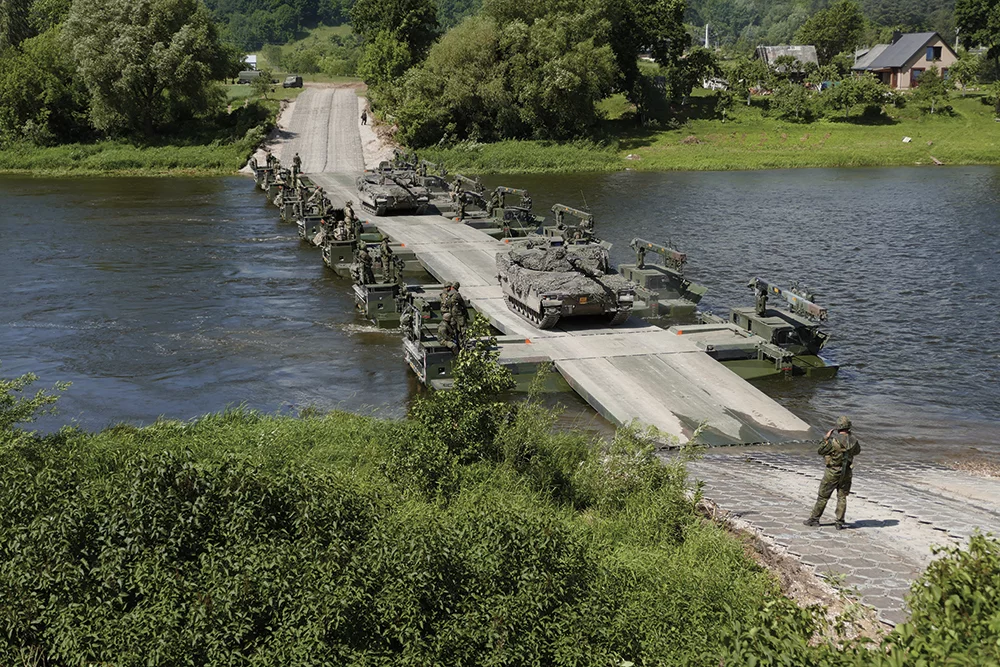 The floating bridges can support all types of main battle tanks including the Leopard 2, M1A2 Abrams, or the Challenger 2