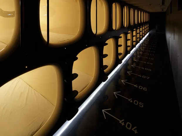 Hallway of capsules at 9h Capsule Hotel, Kyoto (image from 9h)