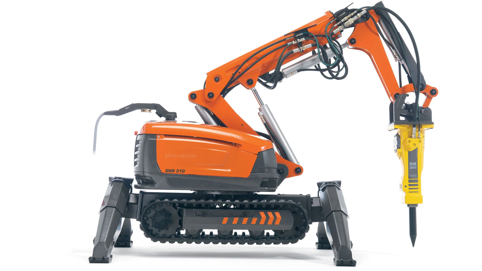 The DXR-310 is just 31-inches wide, is capable of climbing stairs, has a telescopic boom reach of 216 inches, and has been provided with a video camera and transmission equipment to extend its range and allow remote operation from a safe distance