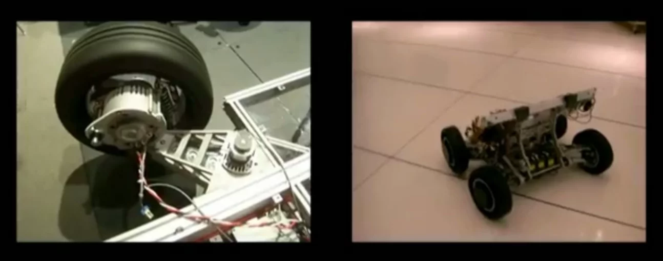 Each wheel integrates a motor, steering actuators, suspension and braking