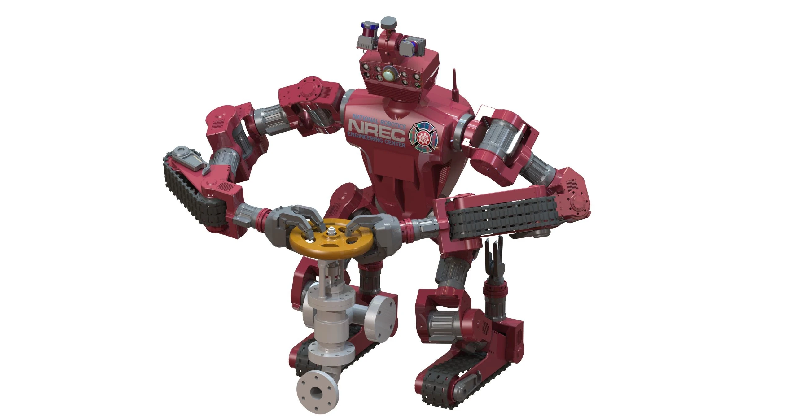 Carnegie Mellon University's CHIMP robot has arms and legs, but moves on rubberized tank-like treads