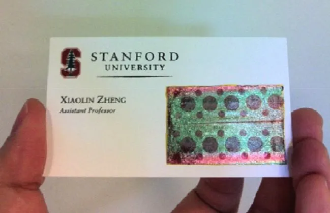 One of the decal-like solar panels, applied to a business card