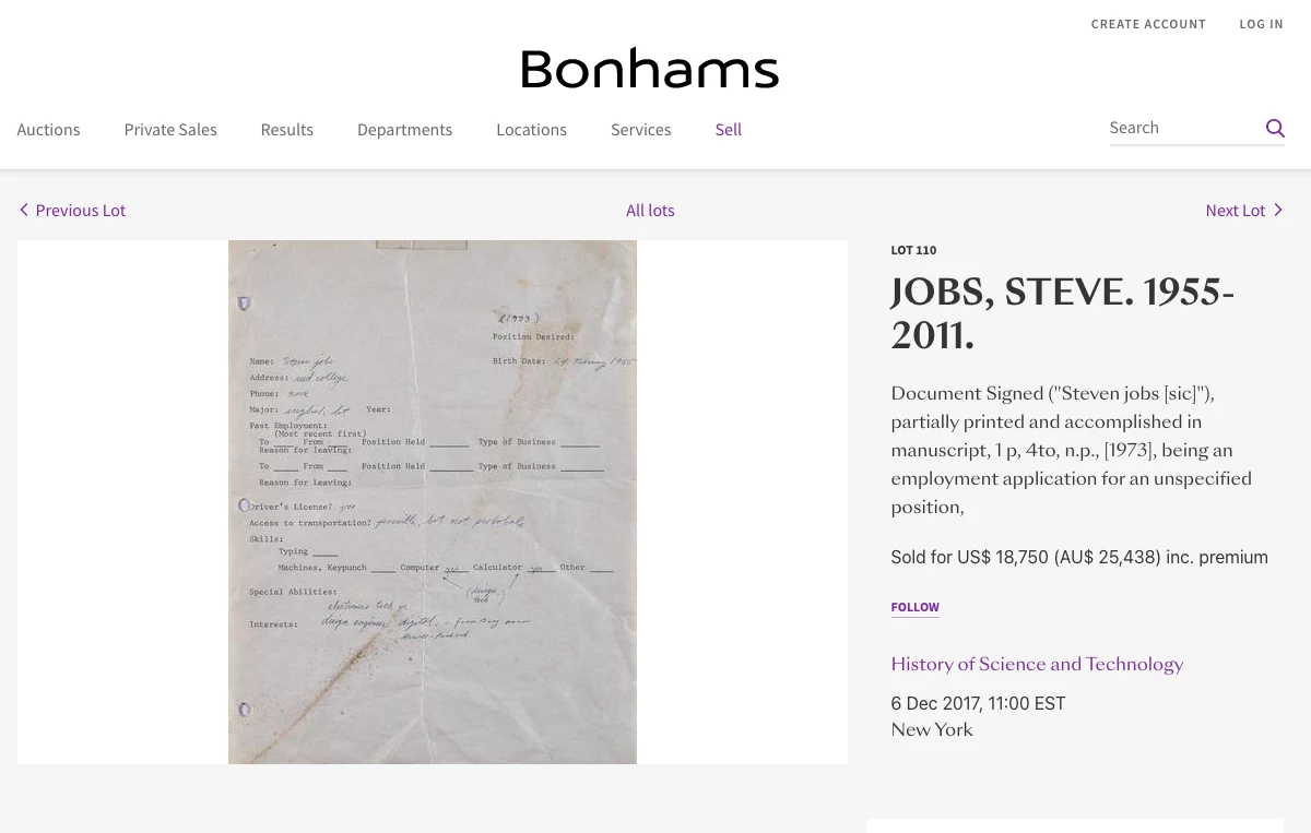 The first time Steve Jobs' Job resume went to auction at Bonhams Auctions.