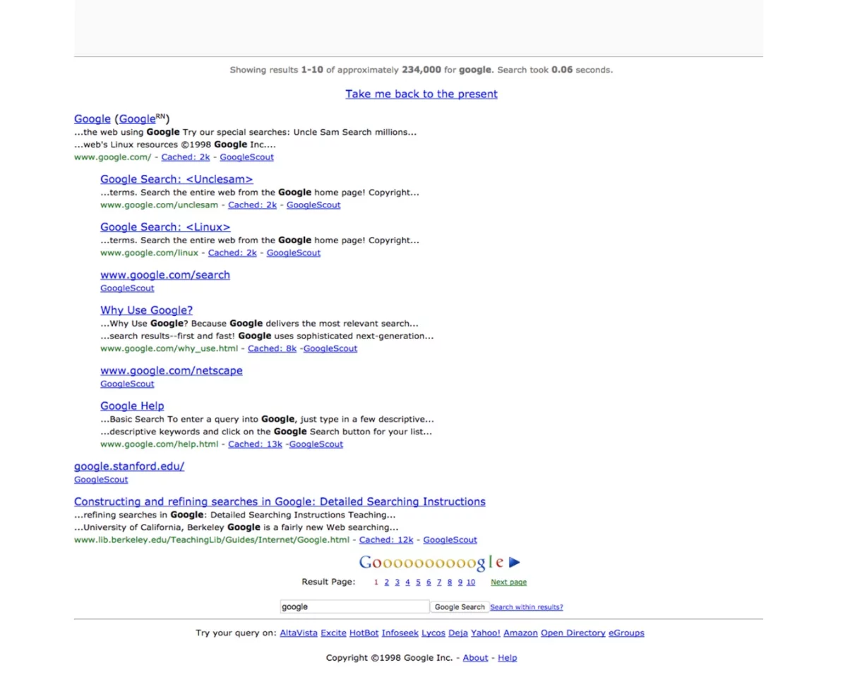 Google in 1998: still recognizable, but very old school