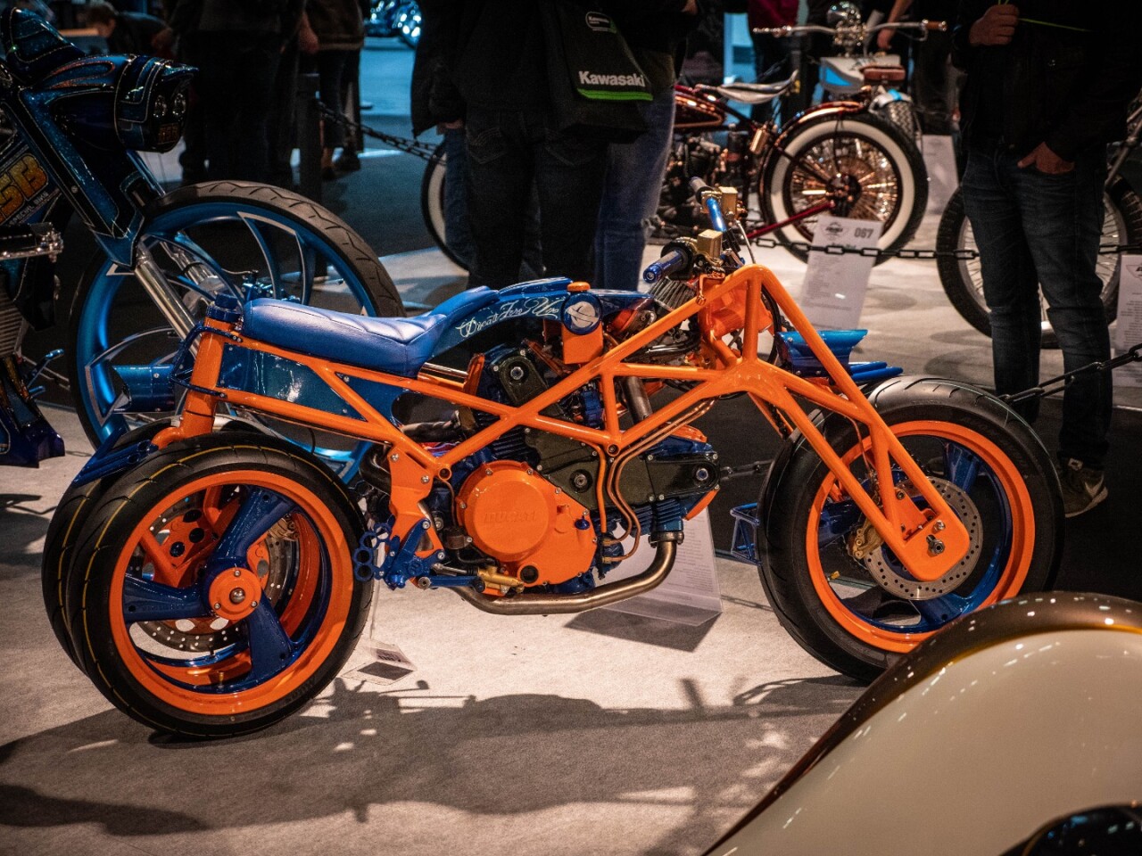 This diabolical contraption is the Ducati ZeroUno, from Gianni Pellegrino of Italy. Its diabolicism stems from the fact that it's all backwards; this bike is driven by the front wheel and steered by twin rear wheels via a series of linkages.