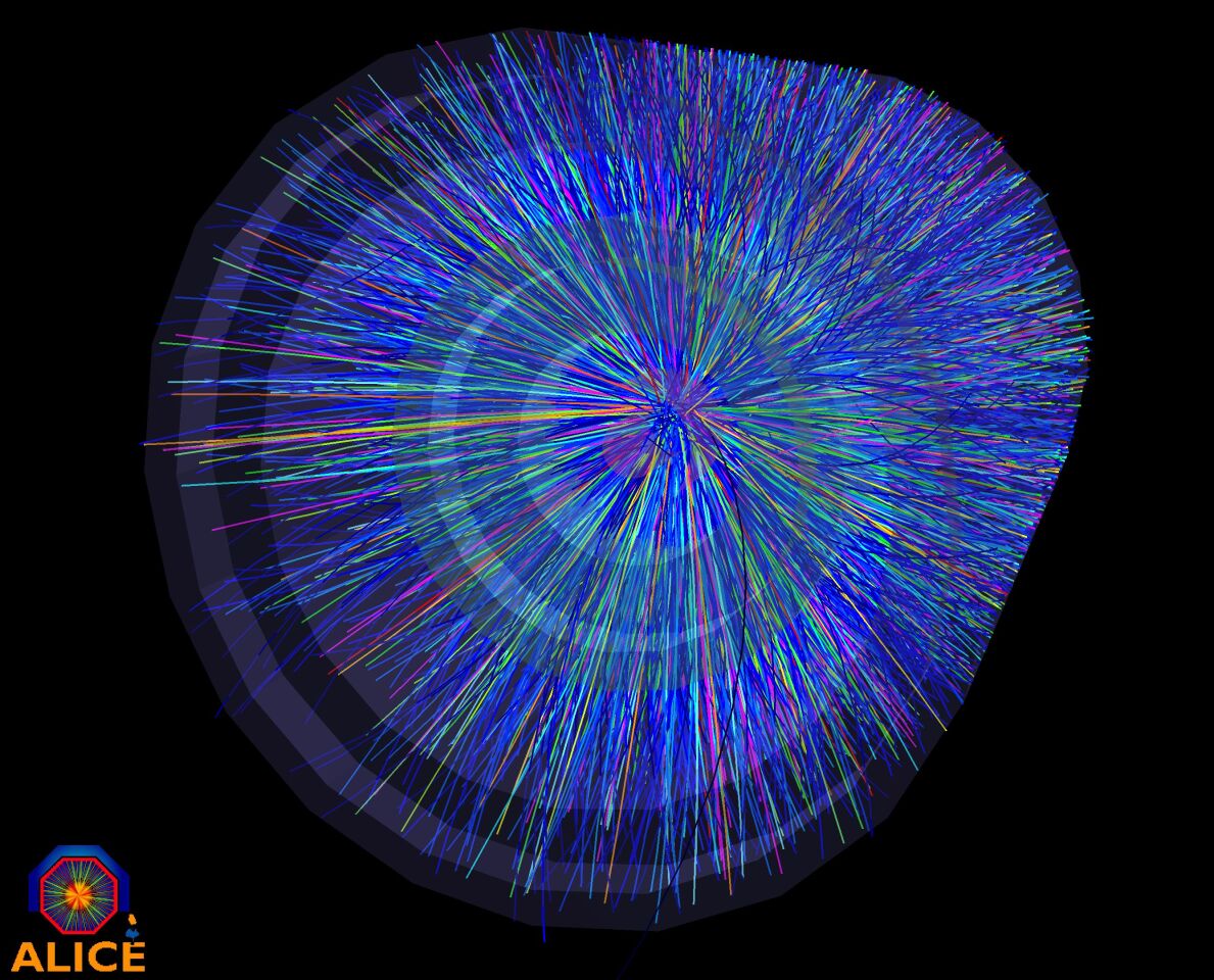 Scientists are able to study the behavior of the soup from the thousands of particles seen radiating out from the fireball