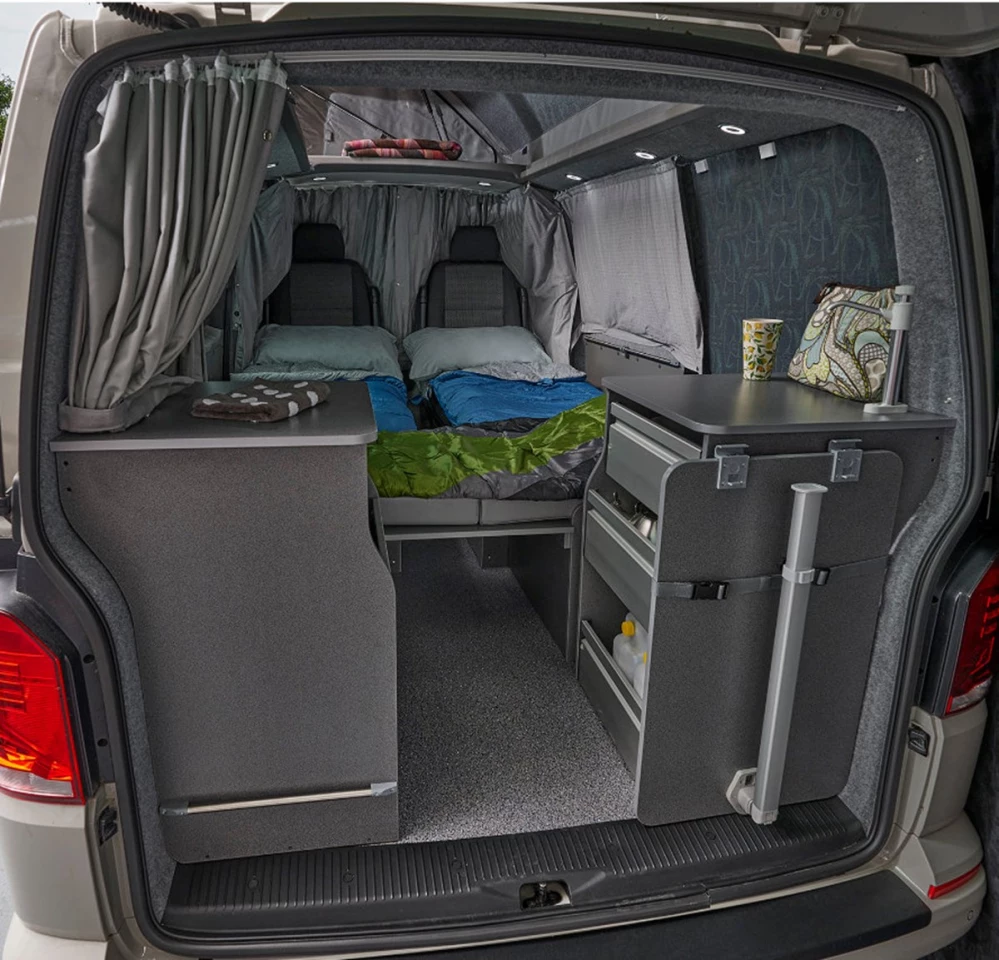 Bilbo's Space camper van ready for bed; curtains come standard with the package