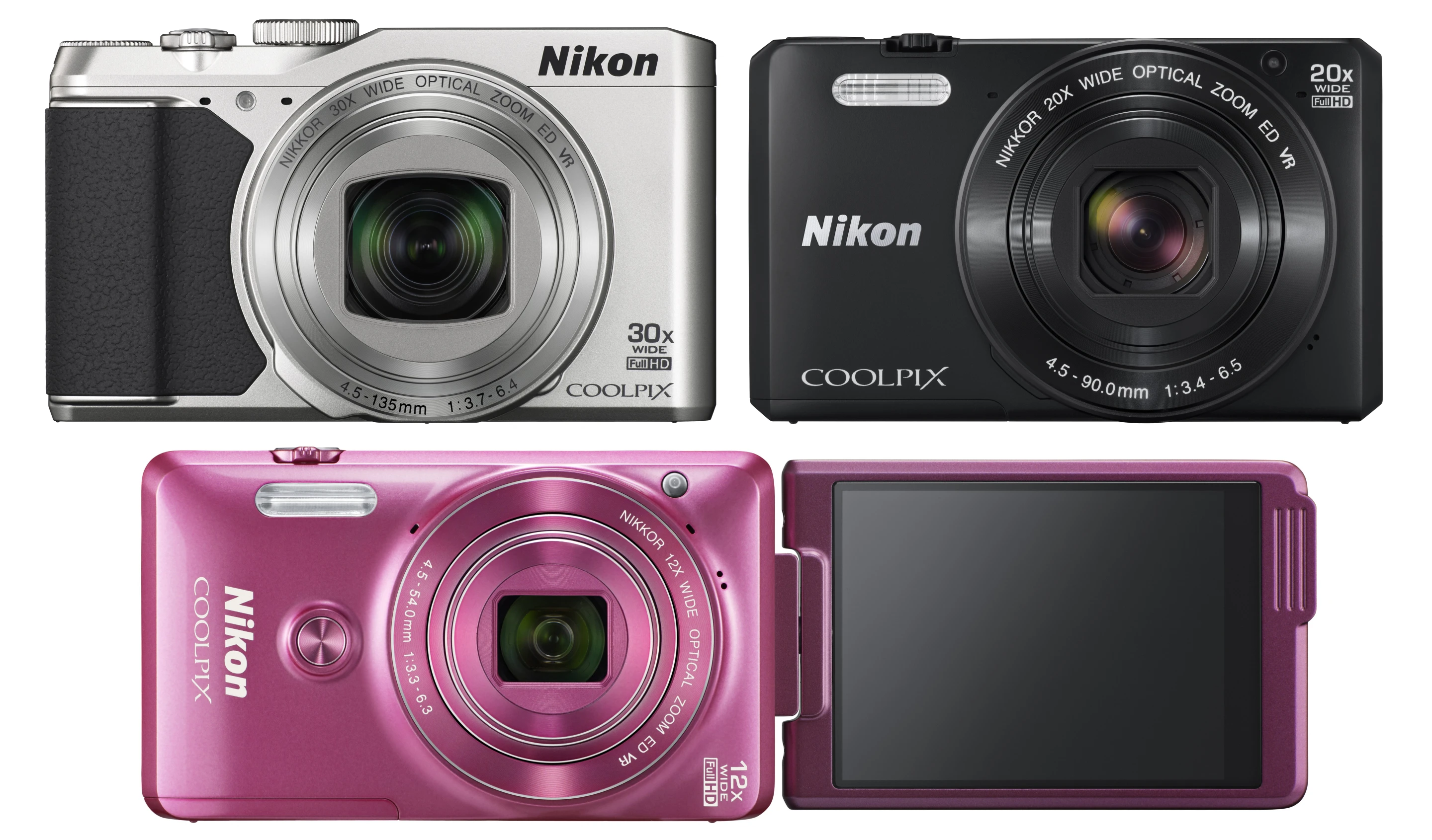 The Nikon Coolpix S9900 (top left), Nikon Coolpix SF7000 (top right) and Nikon Coolpix S6900 (bottom)