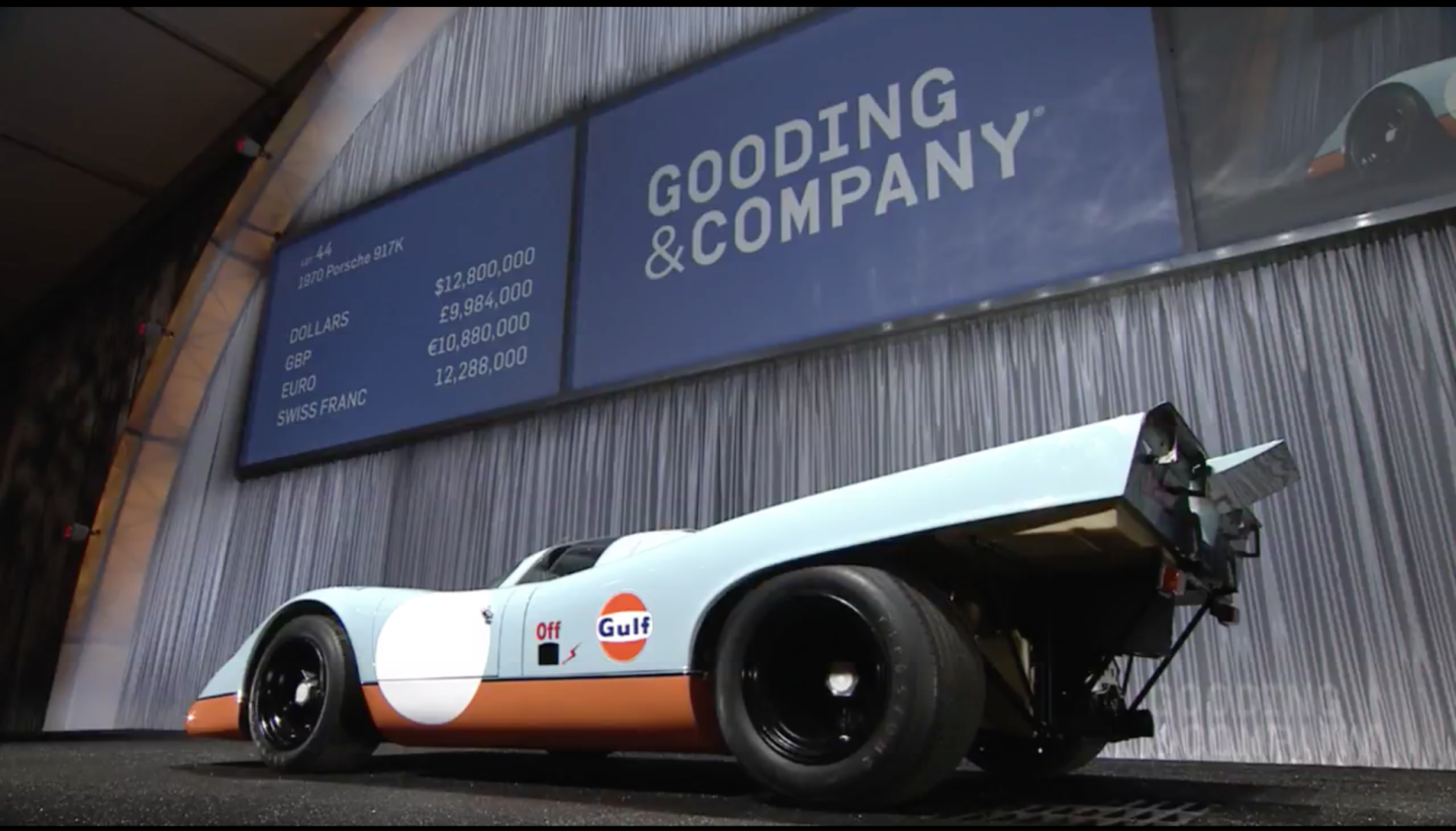 $14,080,000 | 1970 Porsche 917KEstimate: $13,000,000 to $16,000,000A brutally powerful Porsche 917K endurance racer with an amazing provenance. It set the fastest lap in the pre-Le Mans tests of 1970, was once owned by racing legend Jo Siffert (the car led his funeral procession) and was used by Steve McQueen's production company as both a camera and star car in the 1970 movie Le Mans. It then disappeared for 25 years and subsequently became one of the biggest "barn finds" in history when discovered in a warehouse outside Paris in 2001.Official Auction Description: Gooding & CoLot 044