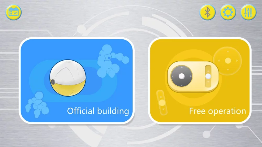 The Mabot Go app's main screen starts with a selection of "Official building," which shows various pre-designed options to build, and the "Free operation" button which goes directly to a control screen for operating a custom robot
