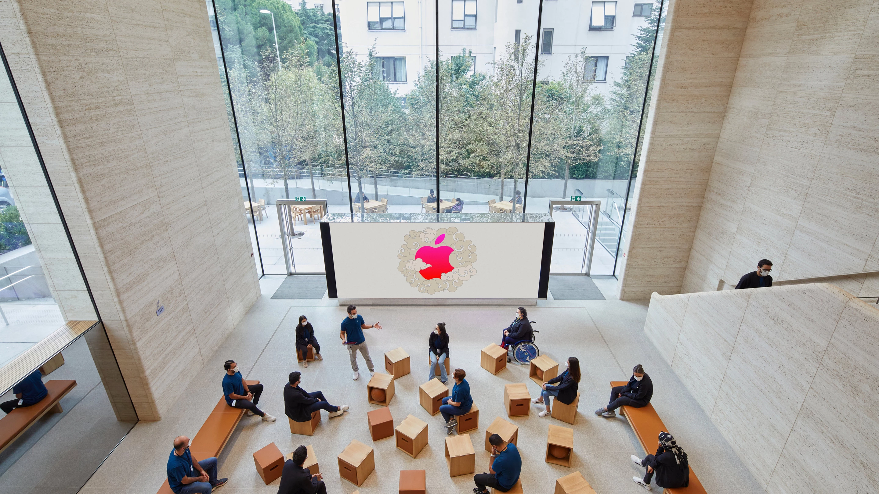 Apple Bağdat Caddesi's lower floor features a video wall and hosts presentations and an AR exhibit