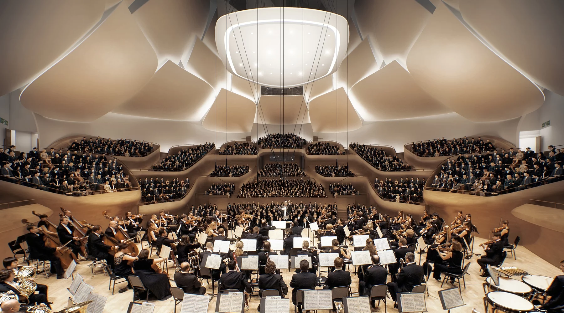 White "petals" mounted on the ceiling of the China Philharmonic Concert Hall's main auditorium will be employed to reflect sound and will also be used for displaying choreographed lighting and projections