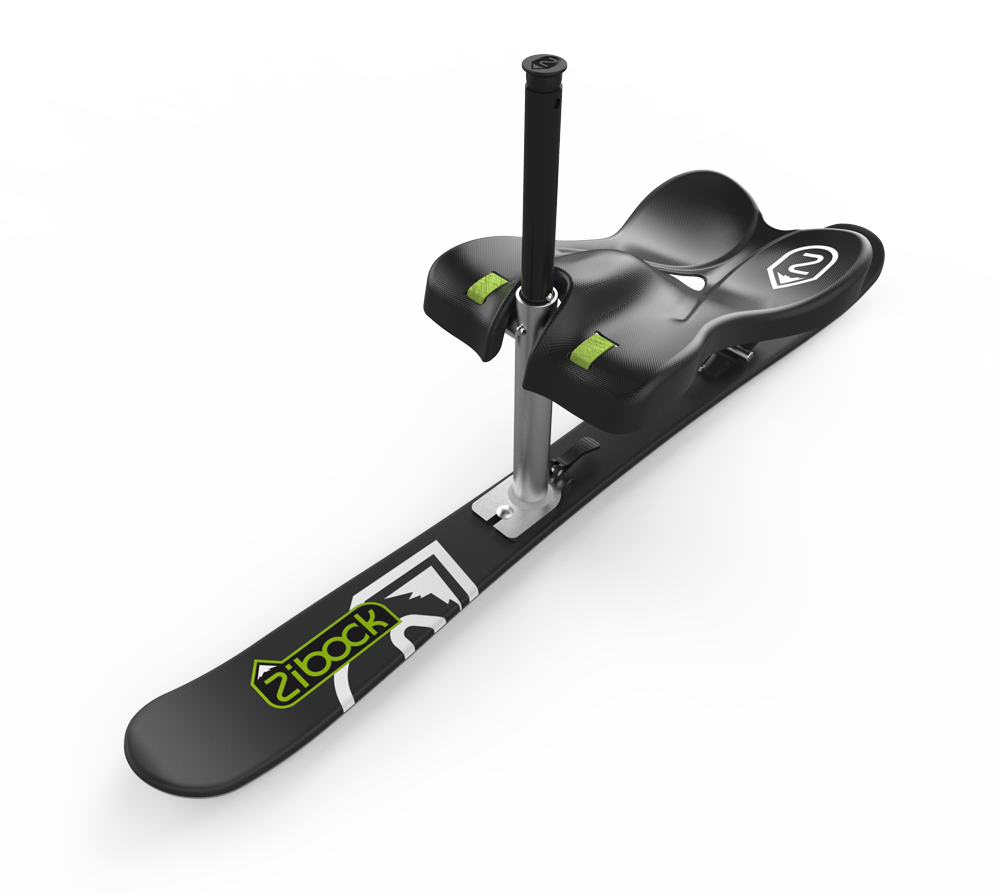 The Zibock features a carbon-fiber finished seat, telescoping grab handle and spring suspension