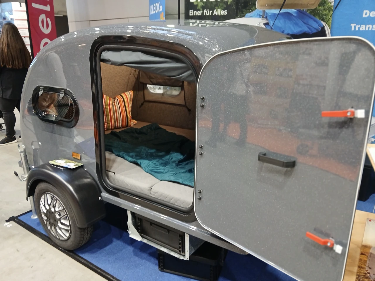 Both the Shelter Travel and Festival (pictured) feature simple interiors with felt trim, openable windows, a roll-up fly screen in the entry, storage nets and an available mattress. Kleox also includes a standard Eurobox that slides below the frame for storage