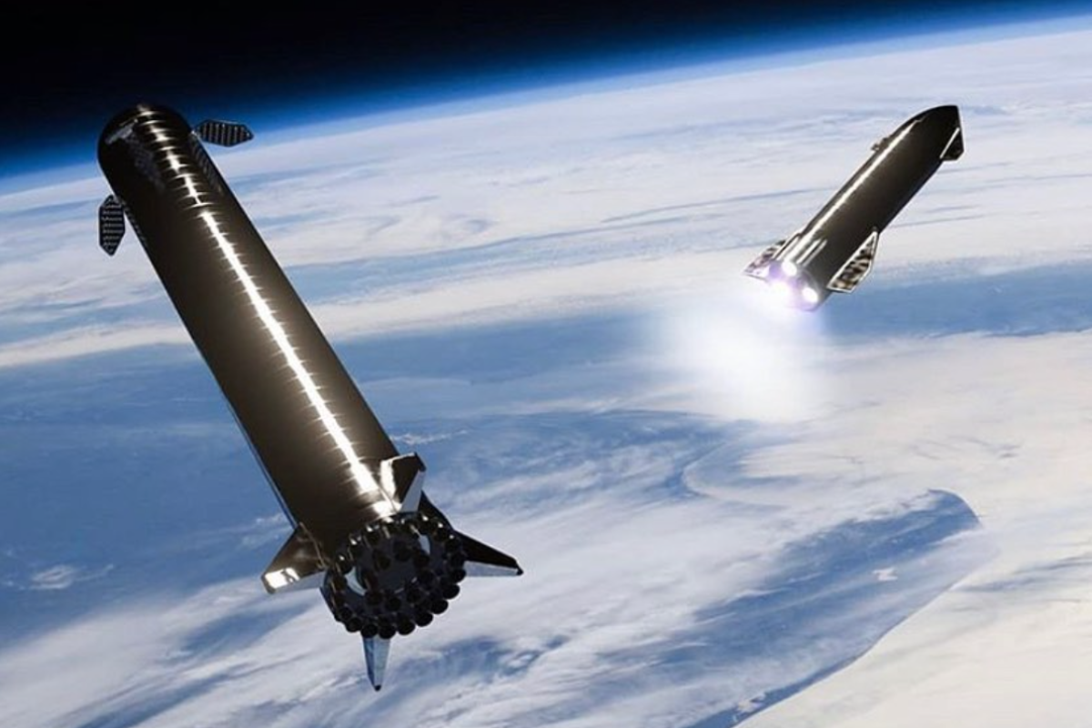 Render of SpaceX's Starship undergoing stage separation