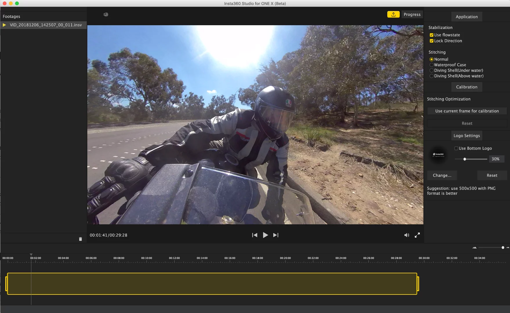 The Insta360 desktop app for One X is sadly lacking in functionality - to the point where we found it literally useless. The video on screen here was long enough to constantly crash the mobile app, and we couldn't get it out of the desktop app in any kind of useful format, so we can't show it.