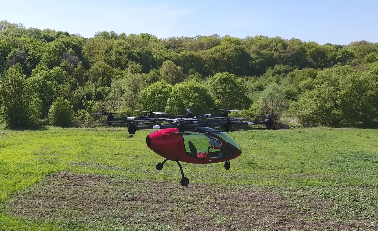 The Passenger Drone is built from carbon fiber composites and features a total of 16 rotors
