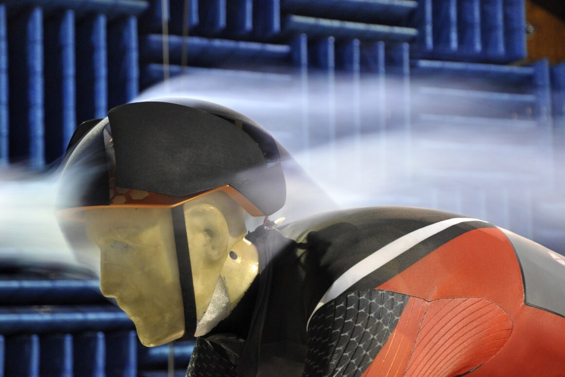 The prototype Dynaero helmet, undergoing wind tunnel testing