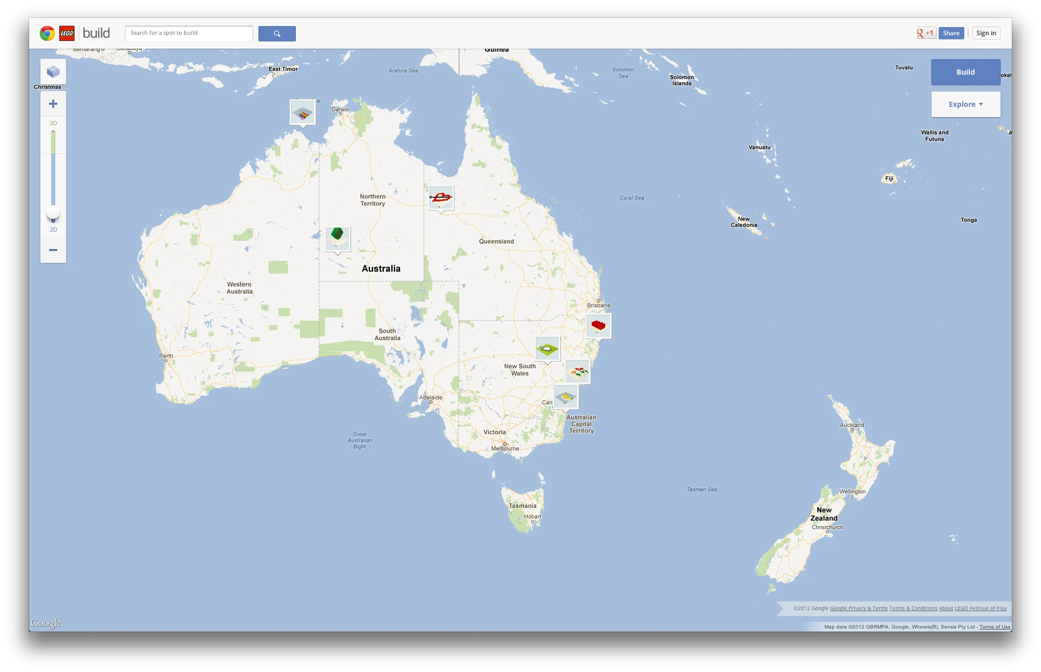 Initially presenting the user with a familiar Google Map-style interface focused on a LEGO-fied depiction of Australia and New Zealand, users are invited to zoom in to view completed models and select a plot for their own creation