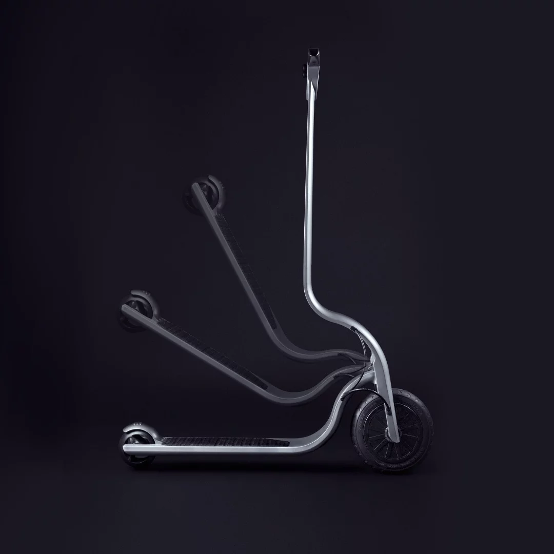 The deck and rear wheel of the Eagle electric kickscooter fold up into the handlebar column for ease of transport between trips