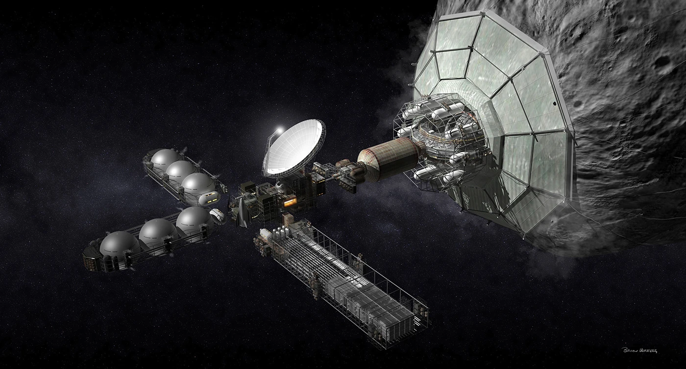 According to Versteeg, space stations will only be possible by using materials processed from nearby asteroids (Image: Bryan Versteeg / Spacehabs.com)