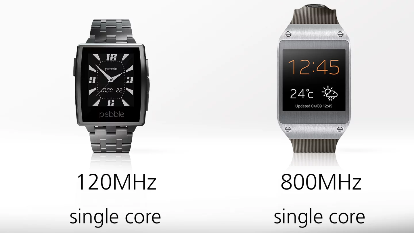 The Galaxy Gear has a faster processor, but we found Pebble Steel to be plenty zippy in our hands-on