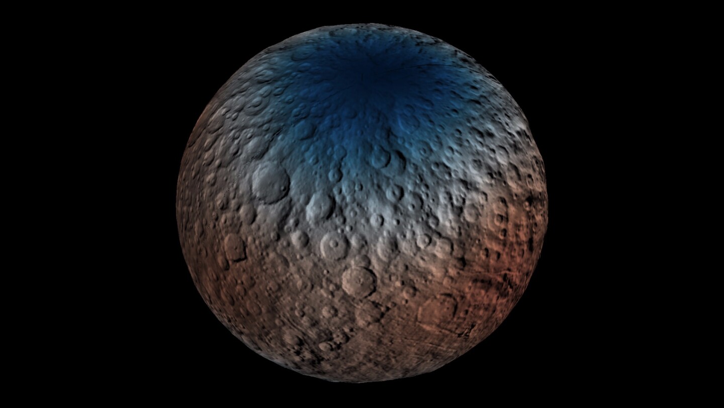 Map of Ceres displaying the distribution of hydrogen, represented in blue, and neutrons, which are represented in red