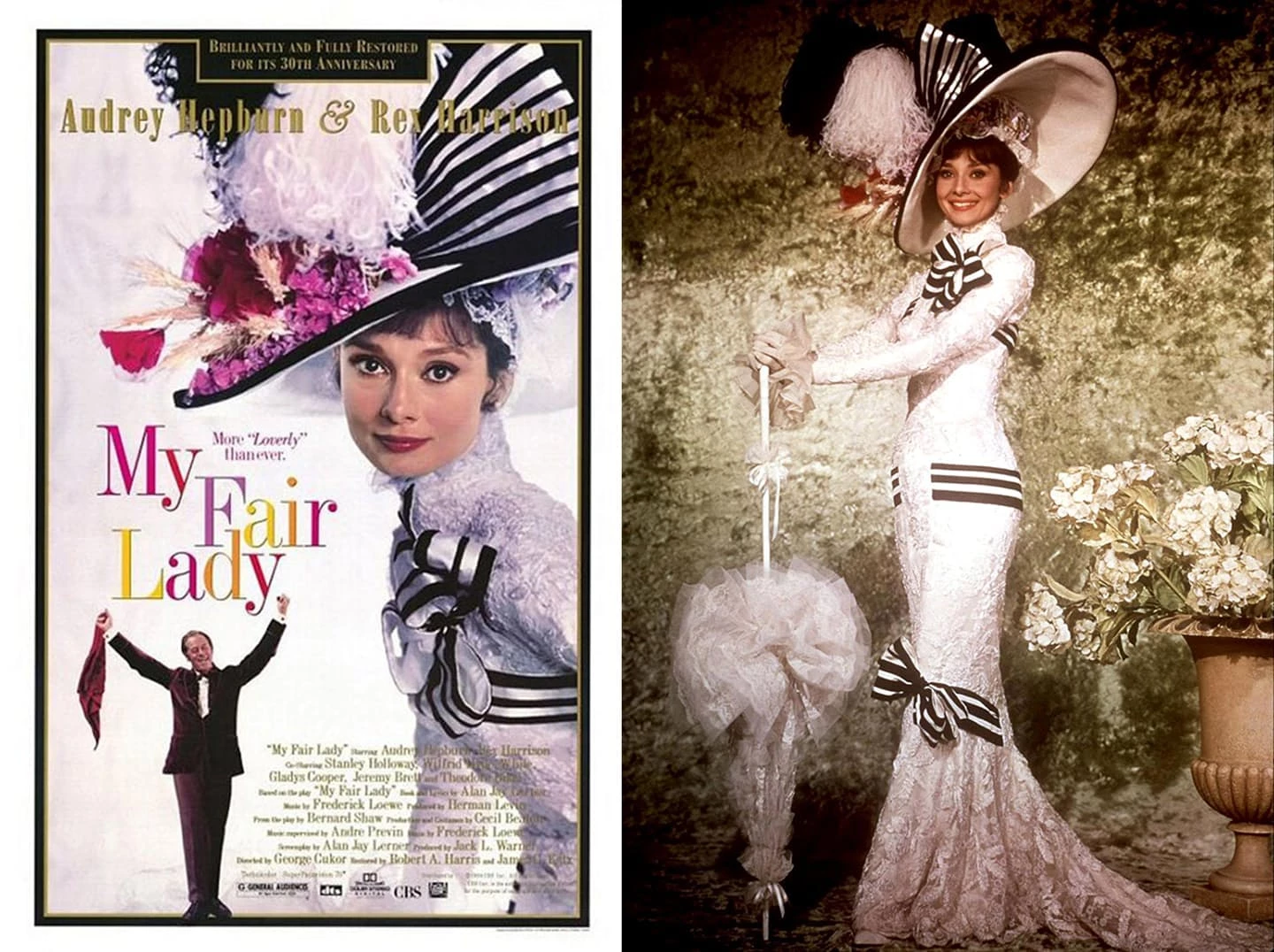 The magnificent dress worn by Eliza Doolittle (Hepburn) in her "coming out" moment at the Ascot races in the film adaptation of George Bernard Shaw's 1913 play Pygmalion. Pygmalion became a smash hit musical stage play in 1956 as My Fair Lady and subsequently enjoyed even more success as a 1964 movie in which this dress appeared. Profiles in History auctioned the dress in 2011 for $4.4 million.