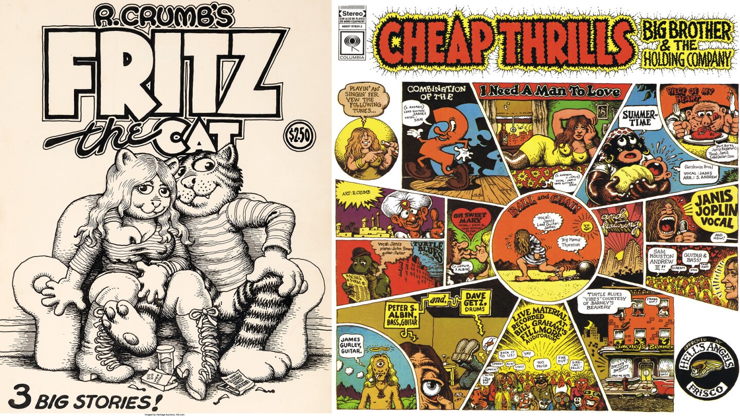 On May 20, 2017, the original cover art by Robert Crumb for his underground comic classic Fritz the Cat sold for $717,000 at Heritage Auctions to become the most valuable piece of American comic art yet sold. That's it above left. Crumb's best known work was the cover of the Big Brother and the Holding Company album, Cheap Thrills, famously commissioned by the band's lead singer Janis Joplin.