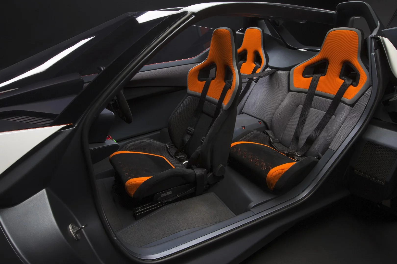 Inside the BladeGlider, a cockpit featuring a forward driver’s seat and two seats behind is futuristic in its layout