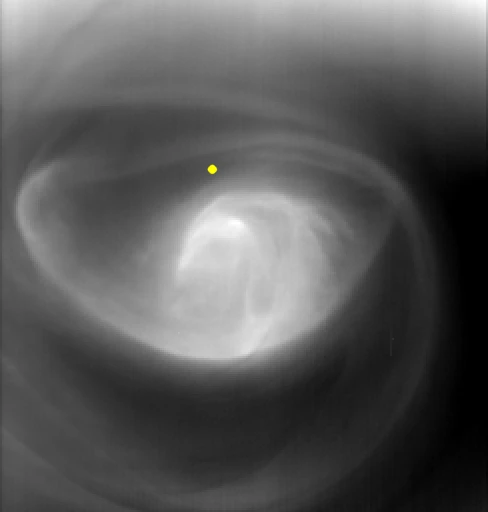 Image of the Venusian atmosphere at 60km over the south pole (yellow dot) using Visible and Infrared Thermal Imaging Spectrometer (VIRTIS) on board Venus Express (Image: ESA/VIRTIS/INAF-IASF/Obs. de Paris-LESIA/University of Oxford)