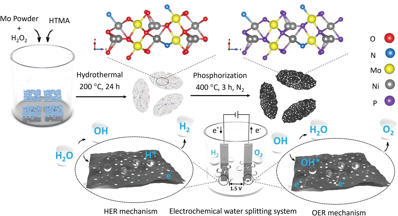 Top: the catalyst promises to be cheap and easy to manufacture at scale. Bottom: the hydrogen evolution reaction (HER) and oxygen evolution reaction (OER) at the electrodes