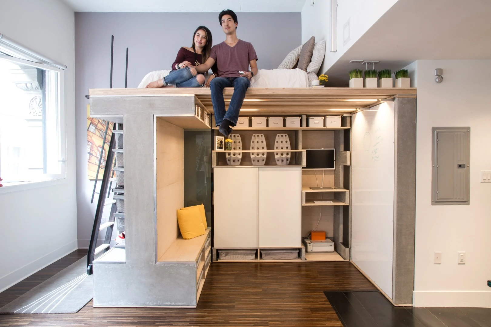 The master sleeping area doubles as a home cinema seating space
