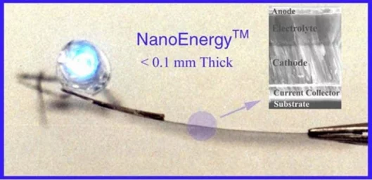 A NanoEnergy battery in profile, plus a cross-sectional electron microscope scan of the battery