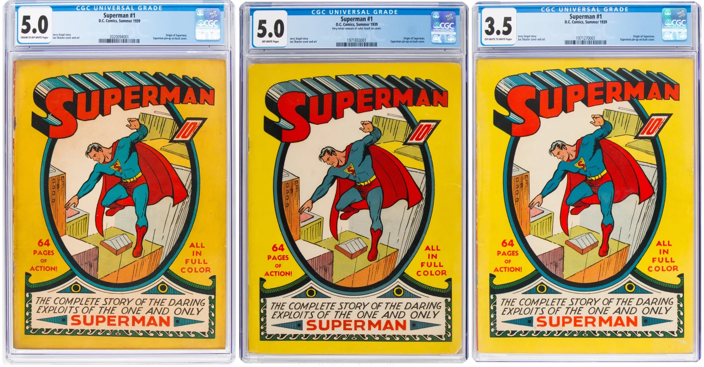 The copy of Superman #1 (1939) at left sold for $456,000 on May 16, 2019, the centre copy fetched $360,000 on July 9, 2020 and the copy at right fetched $288,000 on March 5, 2020 with all sales via Heritage Auctions. The Comic marketplace turned over $1.2 billion in 2019 in the United States.