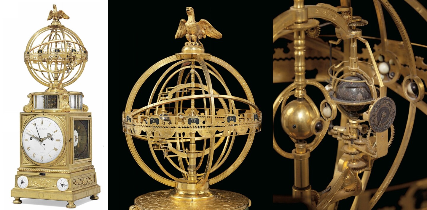 This Louis XVI Ormolu Striking Table Clock is part objet d'art and part scientific instrument, with a calendar, moonphase, equation of time and terrestrial 'sphere mouvante'. It was created in Paris circa 1770 – 1775 by Jean-Matthieu Mabille and Martin Baffert. It sold at a Christies (London) auction in July, 2015 for $926,440 (£602,500)