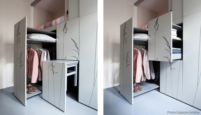 Storage and workspace units slide out from the wall (Photo: Fabienne Delafraye)